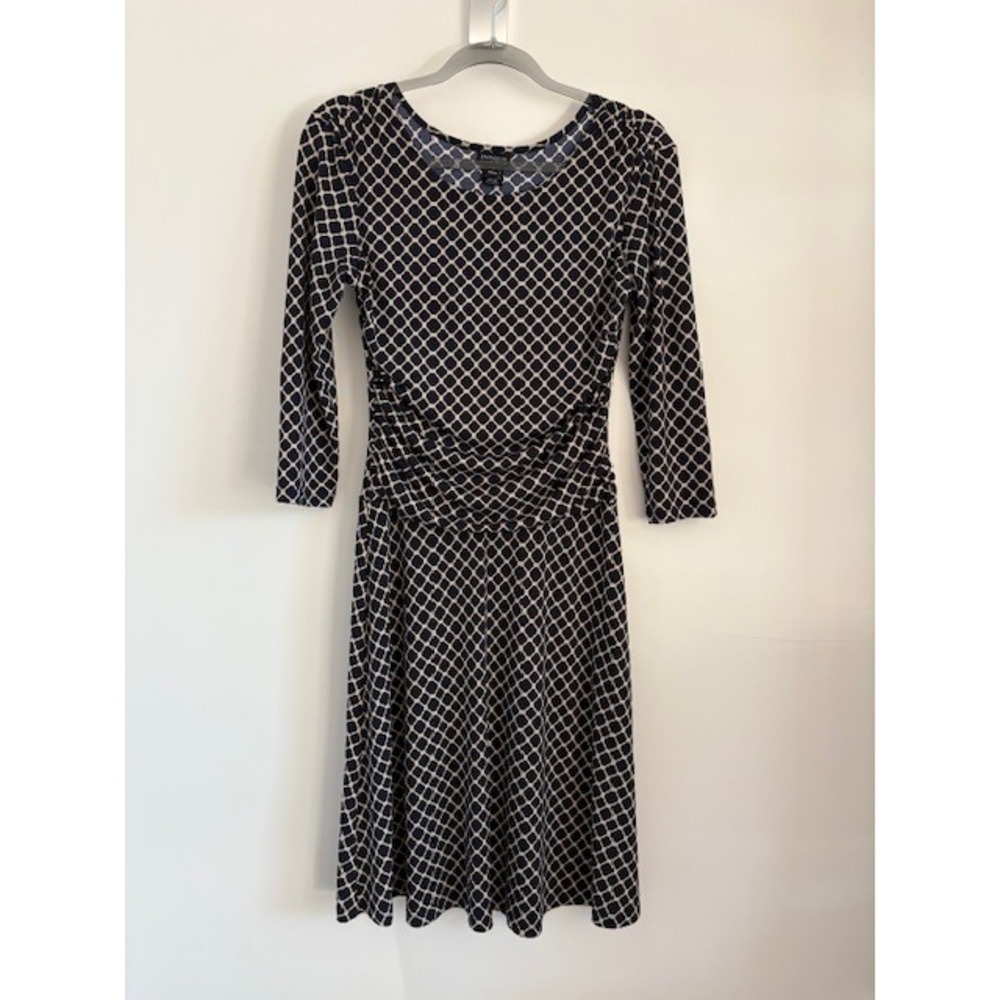 En Focus Studio Navy Geometric Ruched Waist‎ 3/4 Sleeve Dress 4 3298E